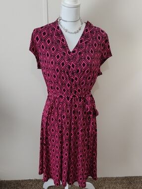 Liz Claiborne Pink and Black Geometric Midi Wrap Dress